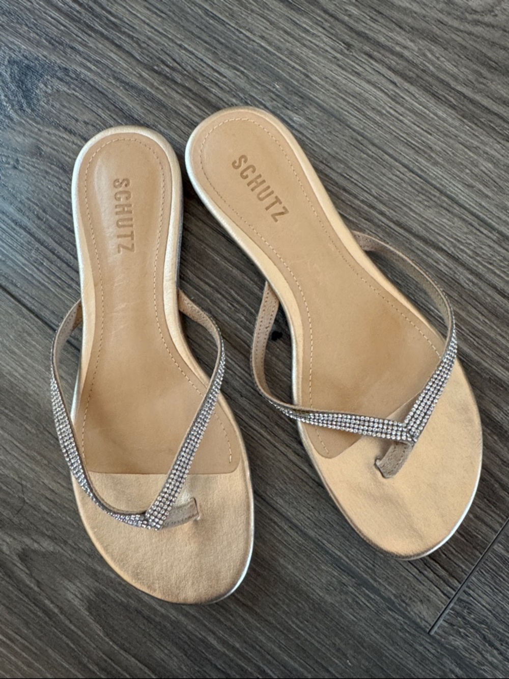 SCHUTZ Nude/Tan Rhinestone Thong Slide Sandals